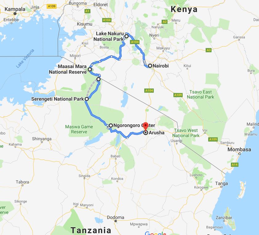 Kenya and Tanzania tour map